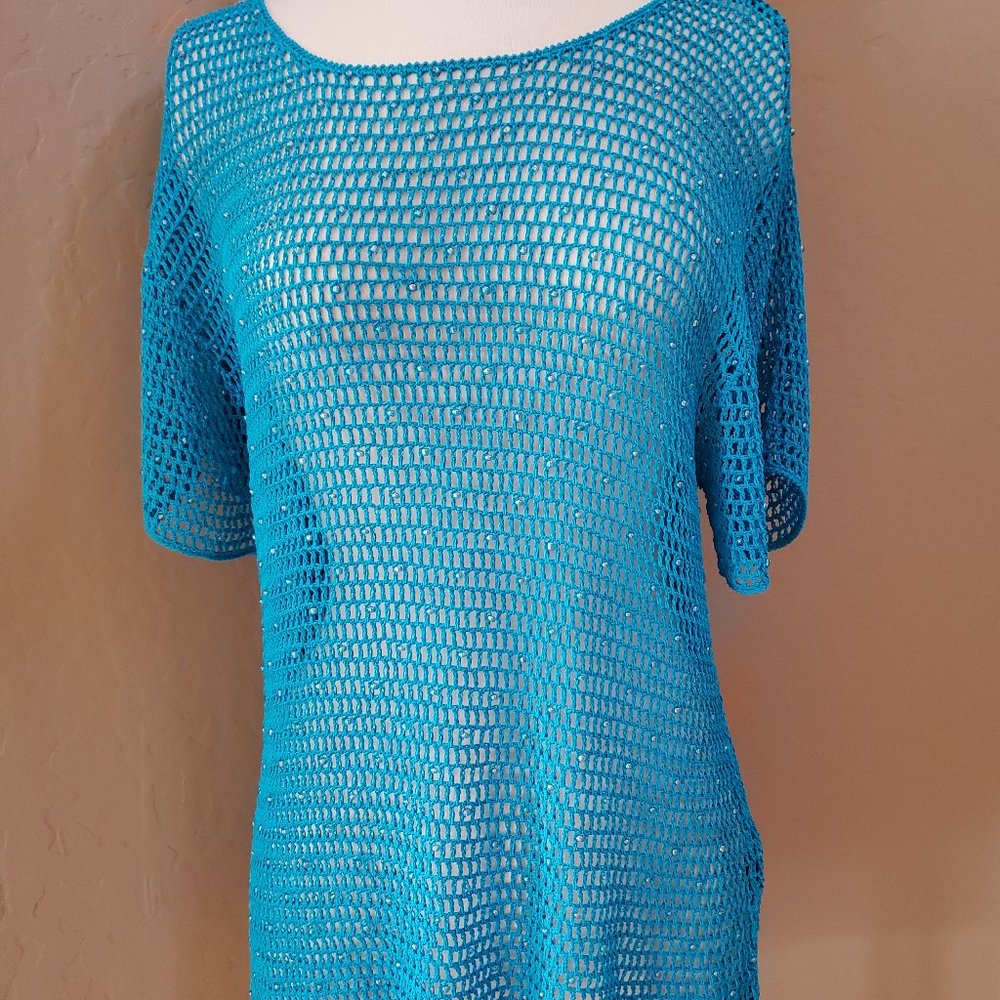 Crochet Fishnet T-Shirt with Glass Beads NWOT